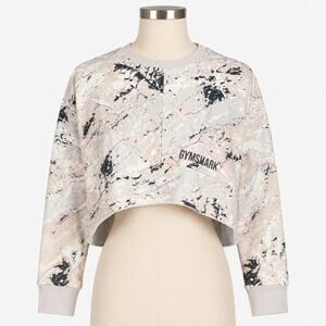 Gymshark Cropped Sweatshirt Small Marble Print Crew Neck Pullover Beige Pink
